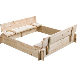 SwingKing Sandkasten Gucio, 120x120 cm, unbehandelt mit integrierter Abdeckung als Sitzbank.