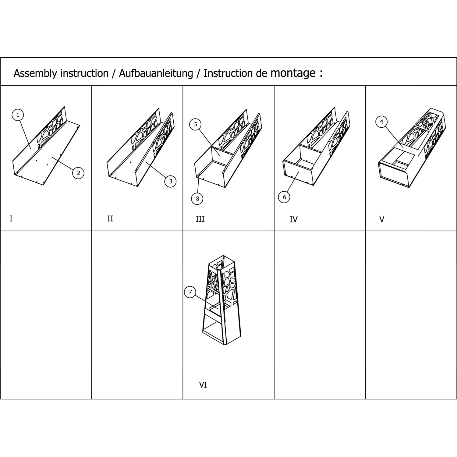 Aufbauanleitung für Dobar Metall Gartenkamin mit Stauraum, zeigt die einzelnen Montageschritte.