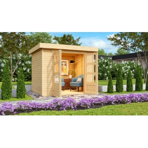 Naturbelassenes Karibu Express Gartenhaus Speedy B mit geöffneten Doppeltüren.
