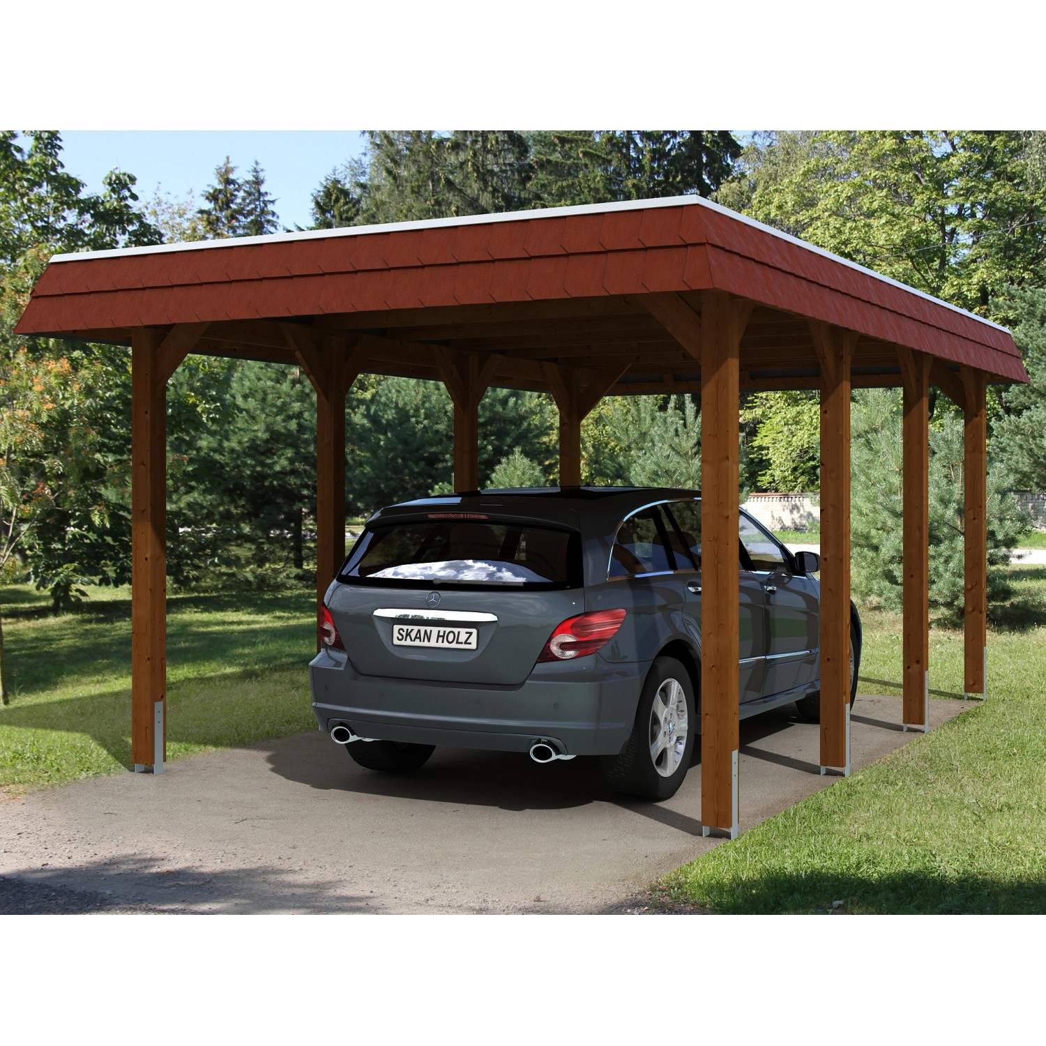 Skan Holz Carport Spreewald 345 cm x 589 cm rote Blende Nussbaum günstig online kaufen