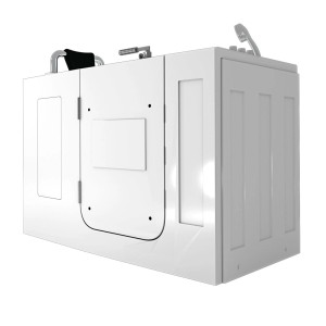 Weiße AquaVapore Sitzbadewanne mit Tür, 140x76cm, inkl. Armatur und Handbrause.