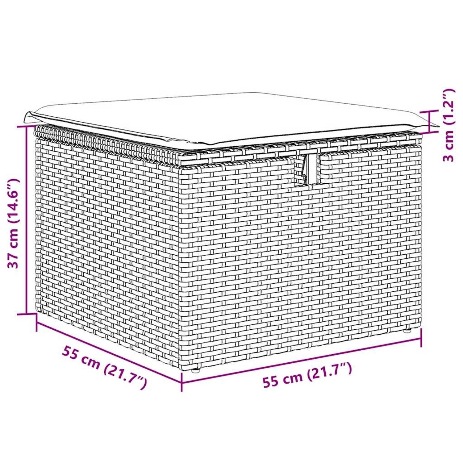 Brauner vidaXL Gartenmöbel Hocker aus Rattan mit cremefarbenem Kissen und Maßangaben.