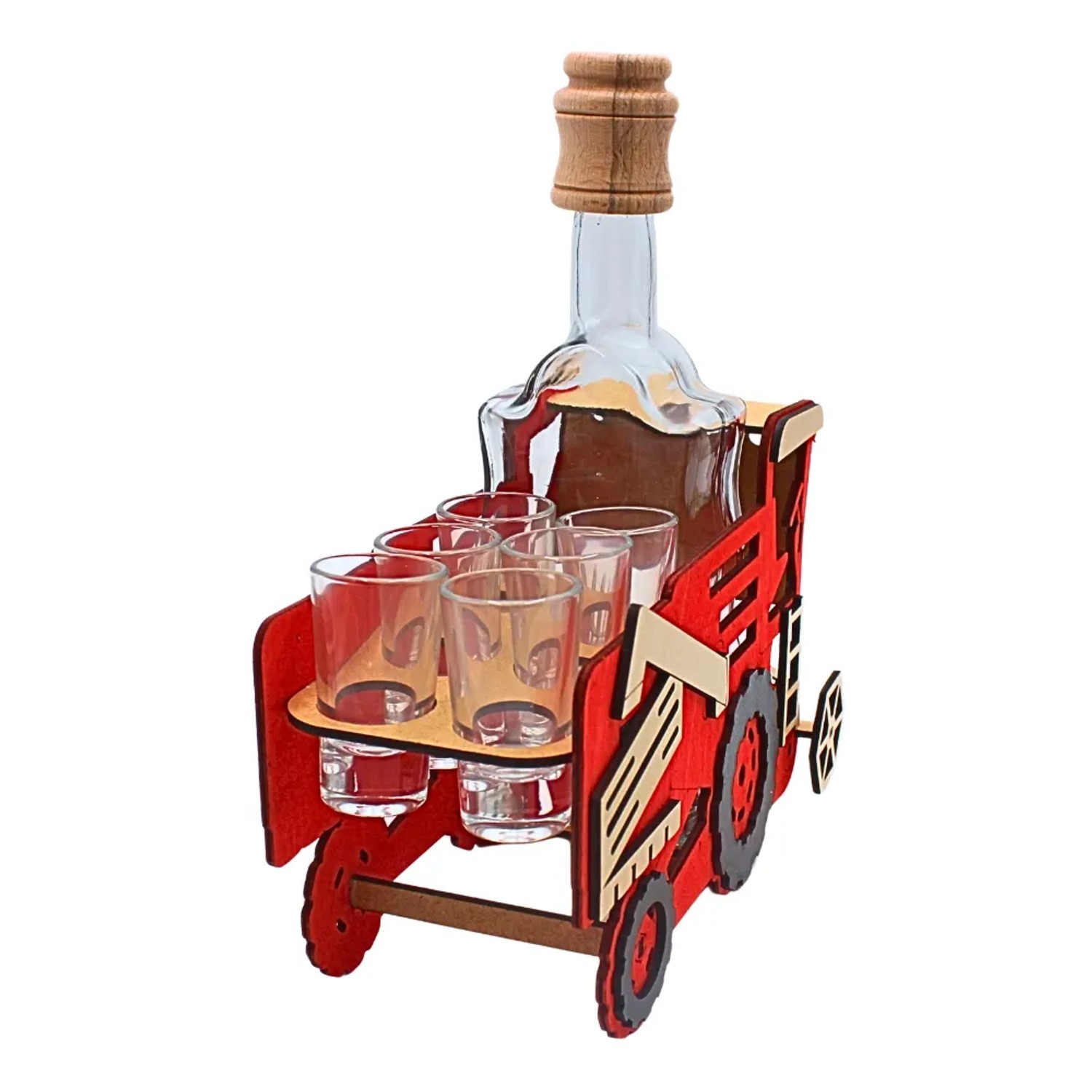 Rotes Holz Mähdrescher Schnapsglasgeschenk mit Karaffe und 6 Gläsern. Originelles Baraccessoire.