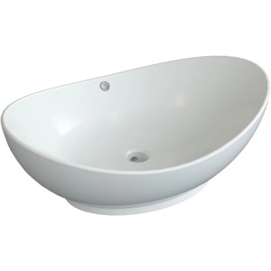 Weißes, ovales Aquabatos Aufsatzwaschbecken aus Keramik mit Überlauf.