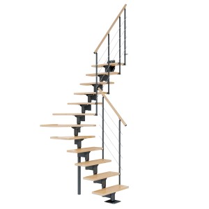 Dolle Mittelholmtreppe Boston 1/4 gewendelt, Buche/Anthrazit. Innentreppe mit Holzstufen und Metallgeländer.