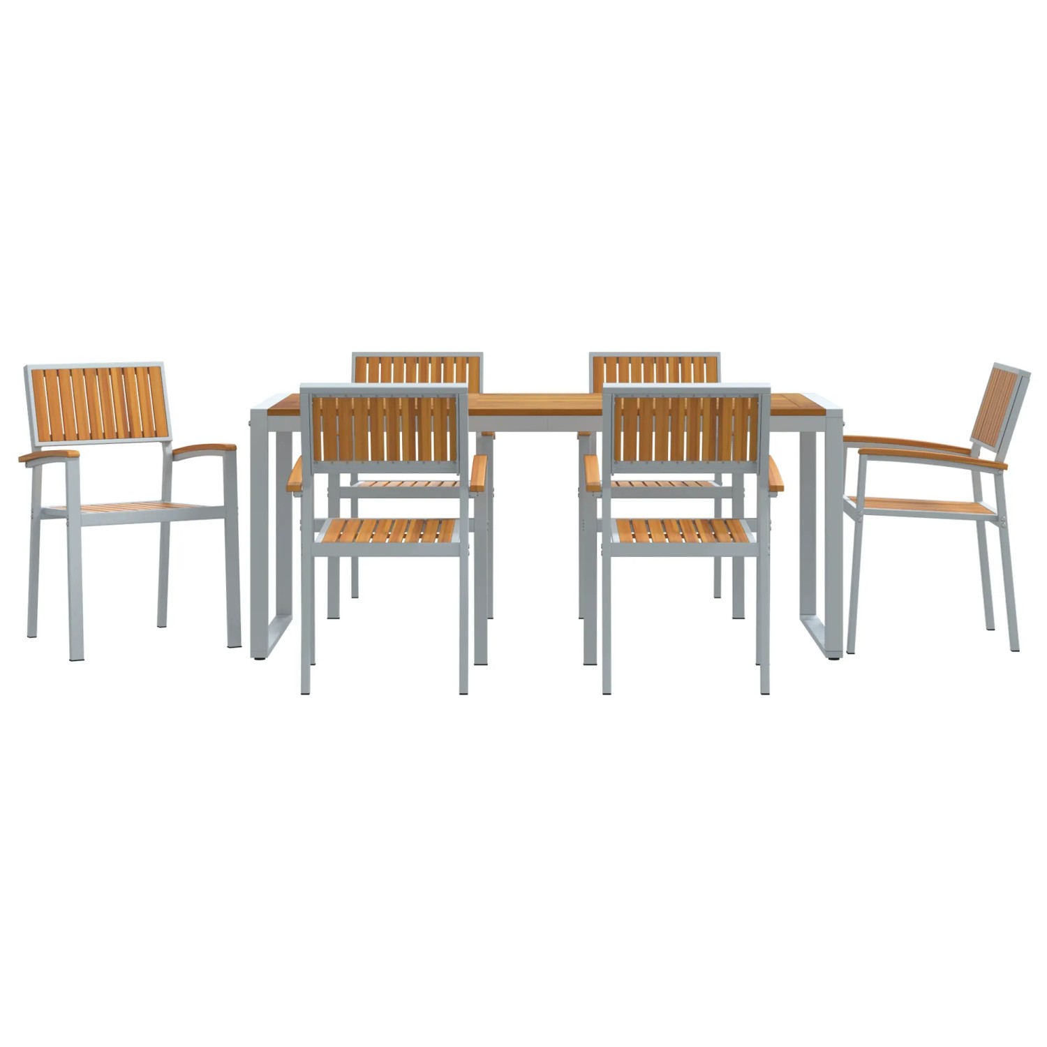 7-teiliges Garten-Esszimmer-Set aus Akazienholz und Metall, bestehend aus Gartentisch und 6 Stühlen.