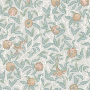 Mehrfarbige Vliestapete mit Vogel- und Granatapfelmuster von William Morris.