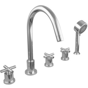 Verchromte PaulGurkes 5-Loch Wannenrandarmatur mit Kreuzgriffen und Handbrause.