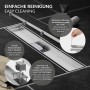 LuxeBath Duschrinne 80cm Silber, befliesbar, extra flach. Detailaufnahme zur einfachen Reinigung.
