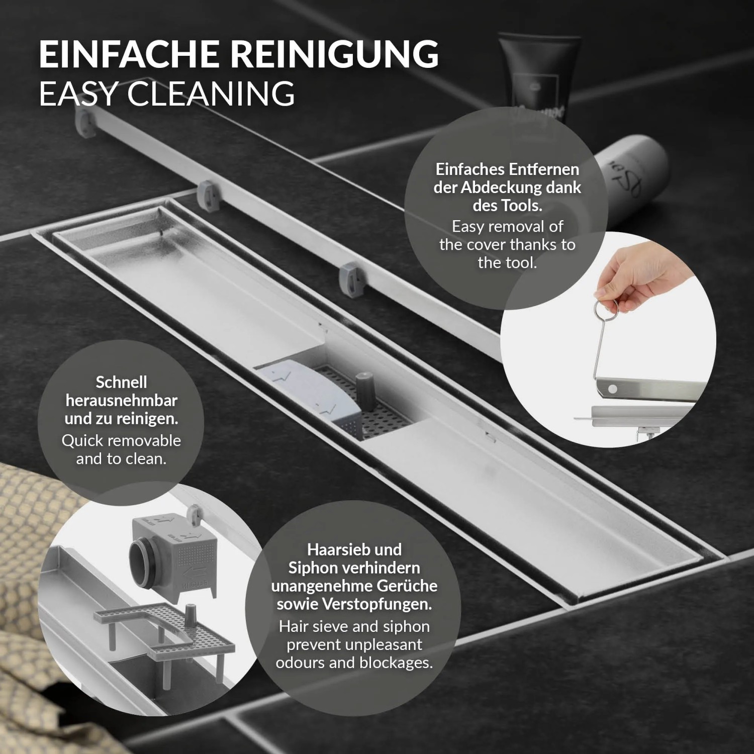 LuxeBath Duschrinne 80cm Silber, befliesbar, extra flach. Detailaufnahme zur einfachen Reinigung.