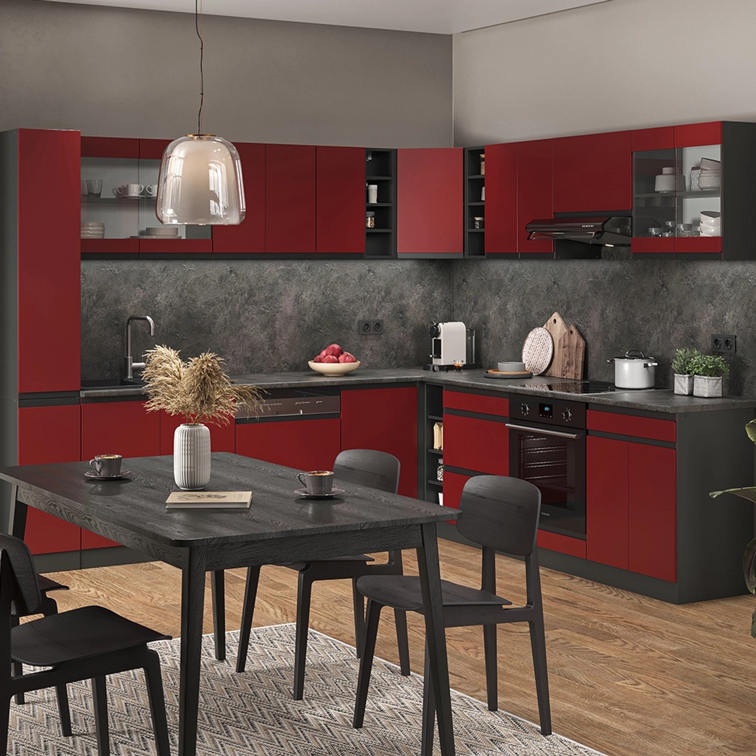 Moderne Vicco R-Line Eckküche in Rot/Anthrazit (257x277 cm) mit J-Form und Esstisch.