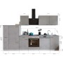 Respekta Küchenblock Malia 310 cm in Betonoptik mit E-Geräten und Maßangaben.