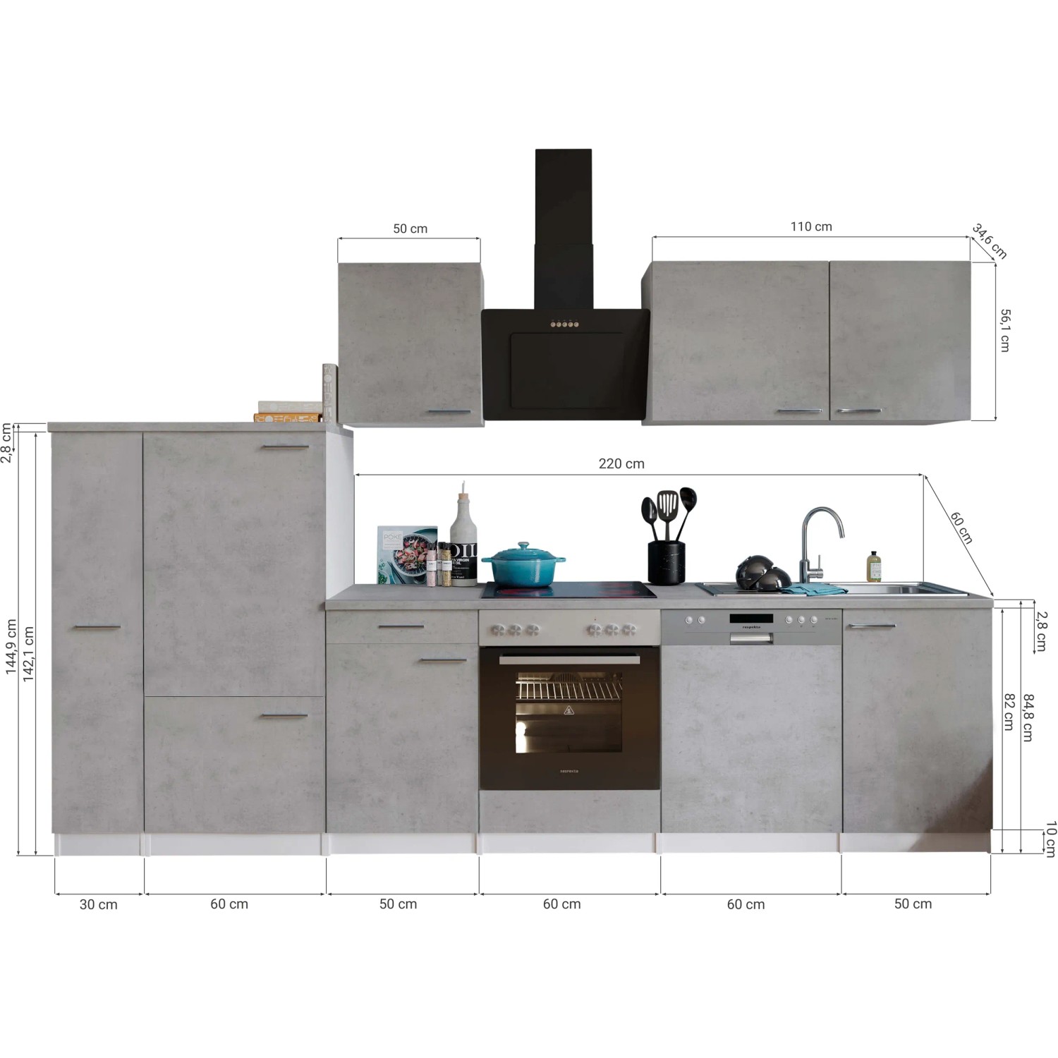 Respekta Küchenblock Malia 310 cm in Betonoptik mit E-Geräten und Maßangaben.