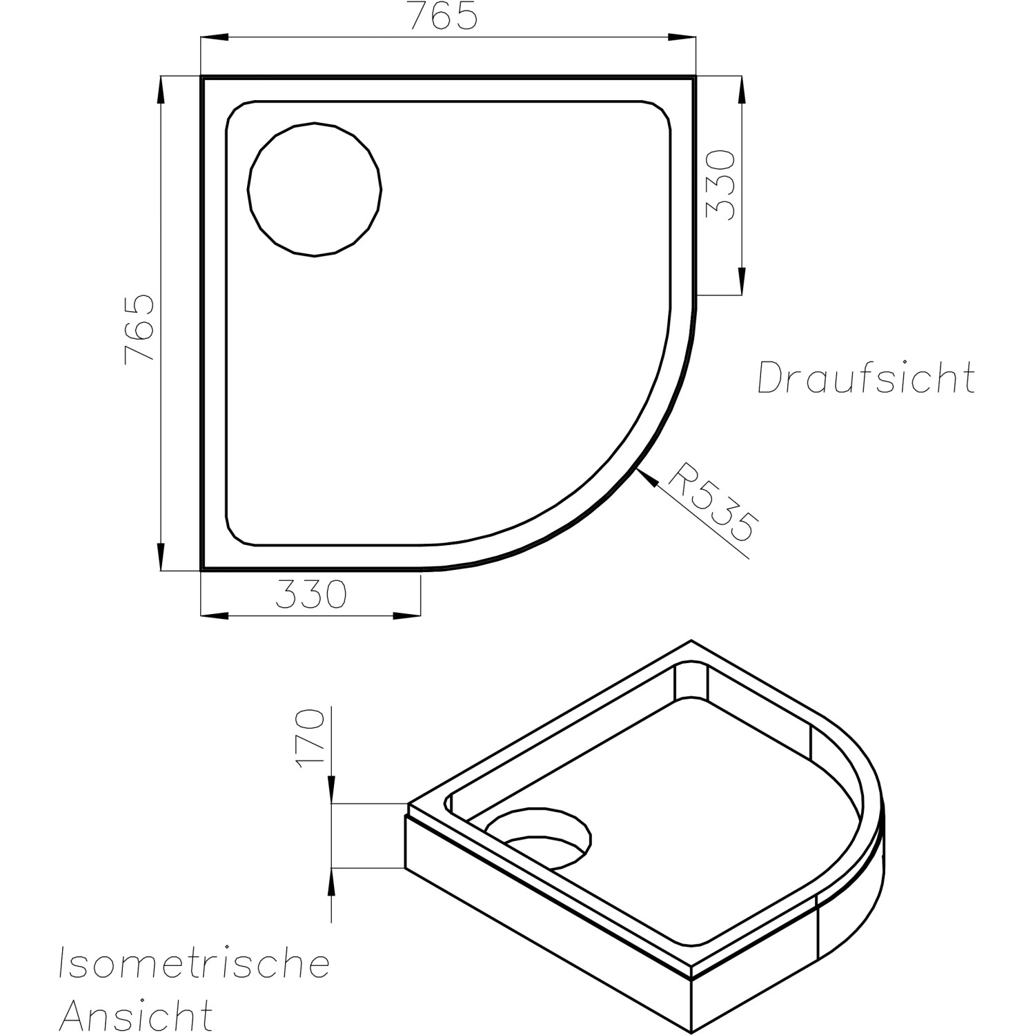 Technische Zeichnung Ottofond Wannenträger Kraton 80 cm für Duschwanne, Maße und Details.