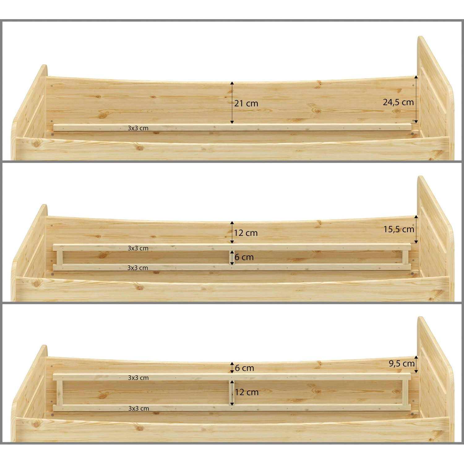 Detailansicht der variablen Einlegetiefe beim Erst-Holz Seniorenbett aus Kiefer massiv.