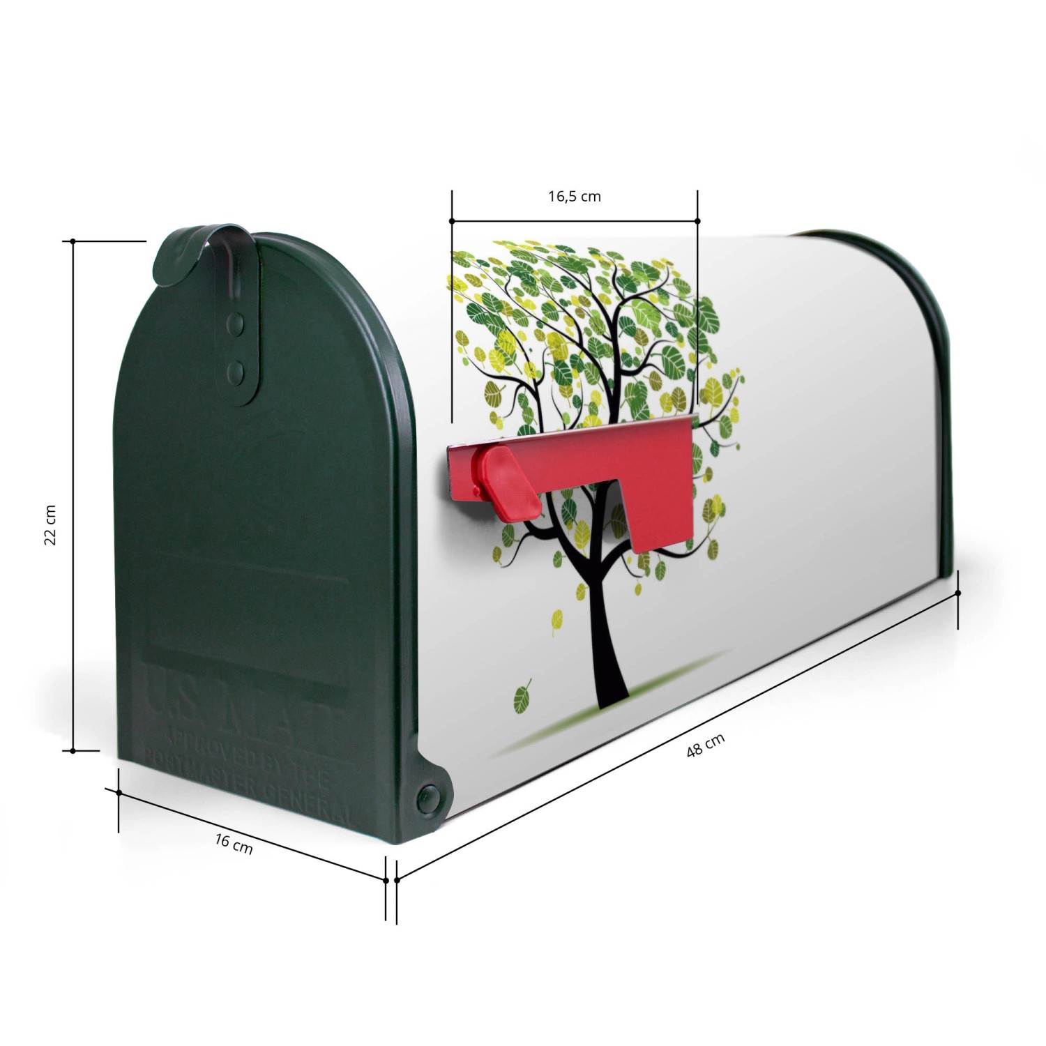 Grüner Amerikanischer Briefkasten mit Laubzauberbaum Motiv, rote Fahne.