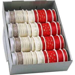 Verschiedene Organza Geschenkband Rollen in Rot, Beige und Weiß mit weihnachtlichen Motiven.