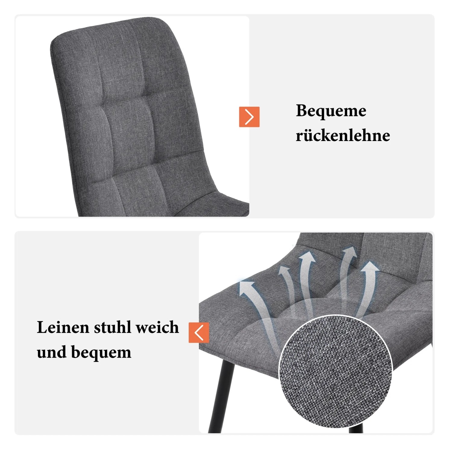 Grauer, gepolsterter Esszimmerstuhl mit gesteppter Rückenlehne und weichem, atmungsaktivem Stoff.