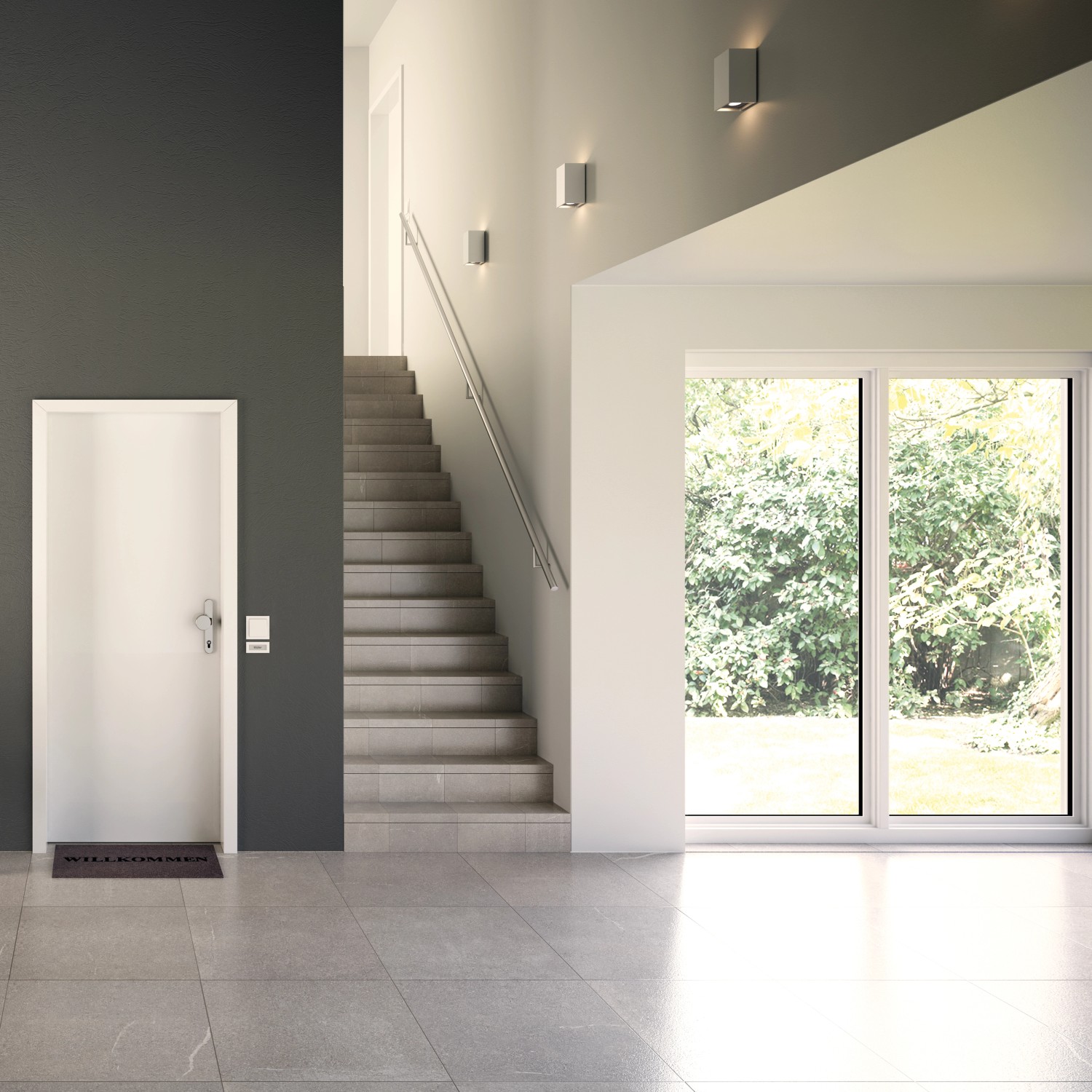 Weiße Wohnungseingangstür (links) im modernen Flur mit Treppe und Fenster.