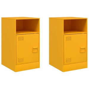 Zwei senfgelbe Nachttische aus Stahl mit Fach und Tür. Ideal als Nachtschrank.