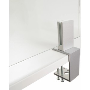 Klemmfuß Groß, 65mm Spannweite, mit Glashalter in Silber eloxiert zur Befestigung von Hygieneschutzglas.