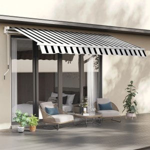 Outsunny Markise, weiß-blau gestreift, mit Handkurbel, für Terrasse und Balkon.