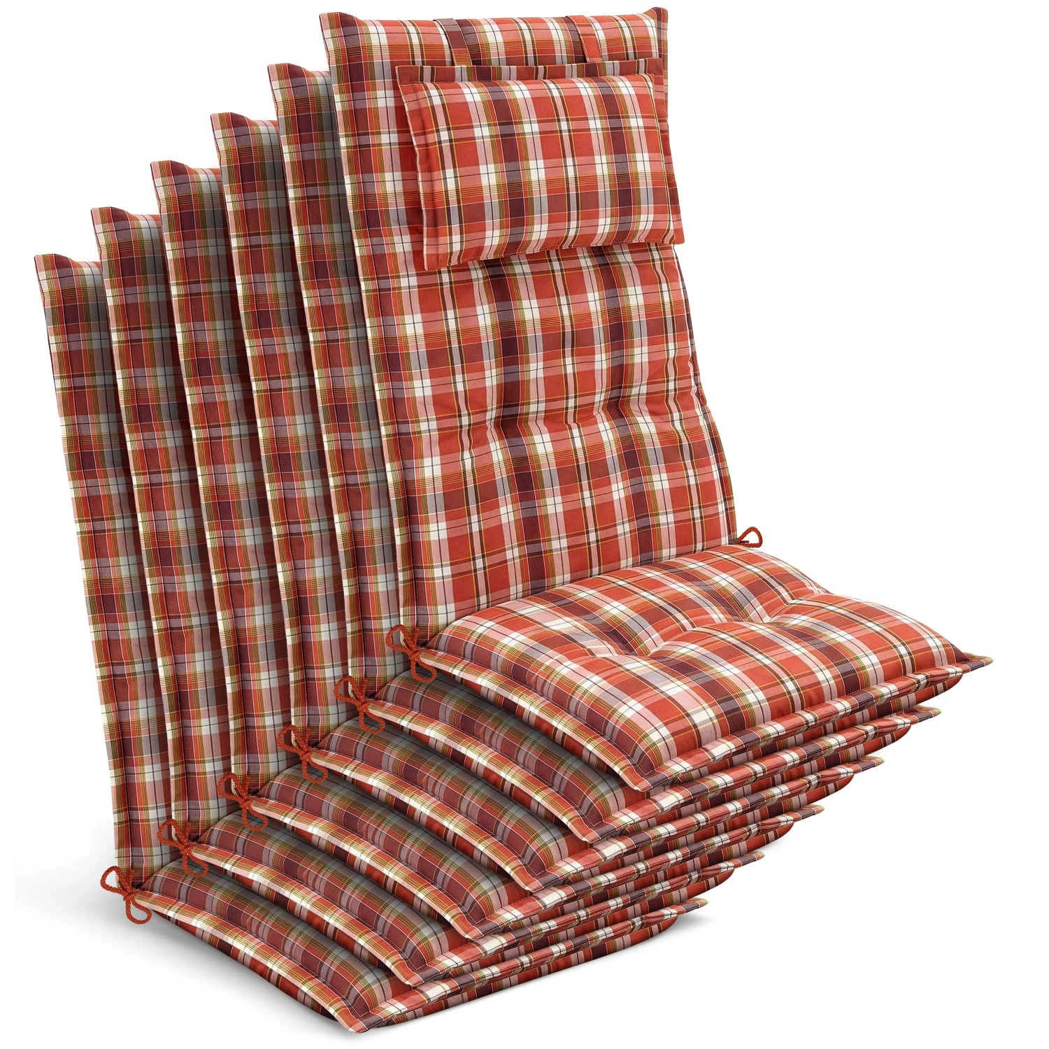 Beautissu 6x Gartenstuhlauflage Hochlehner 120x50x7cm Orange-Rot-Grün-Kariert