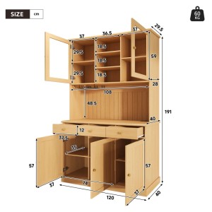 Merax Buffetschrank aus hellem Holz, 120x40x191cm, mit Glastüren, Gläserhalter, Schubladen und Stauraum.
