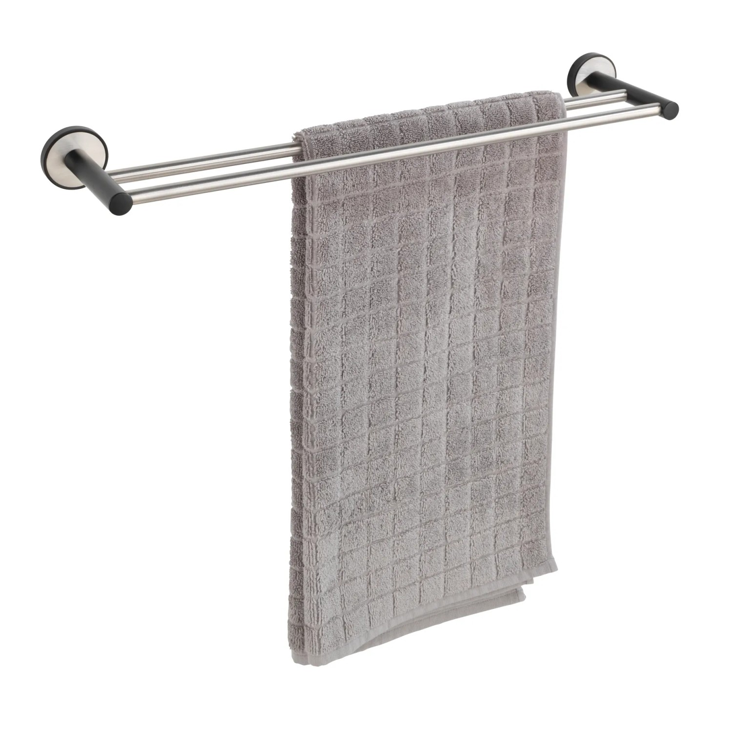 Wenko Badetuchstange Duo Udine, 60 cm, silber matt mit grauem Handtuch.