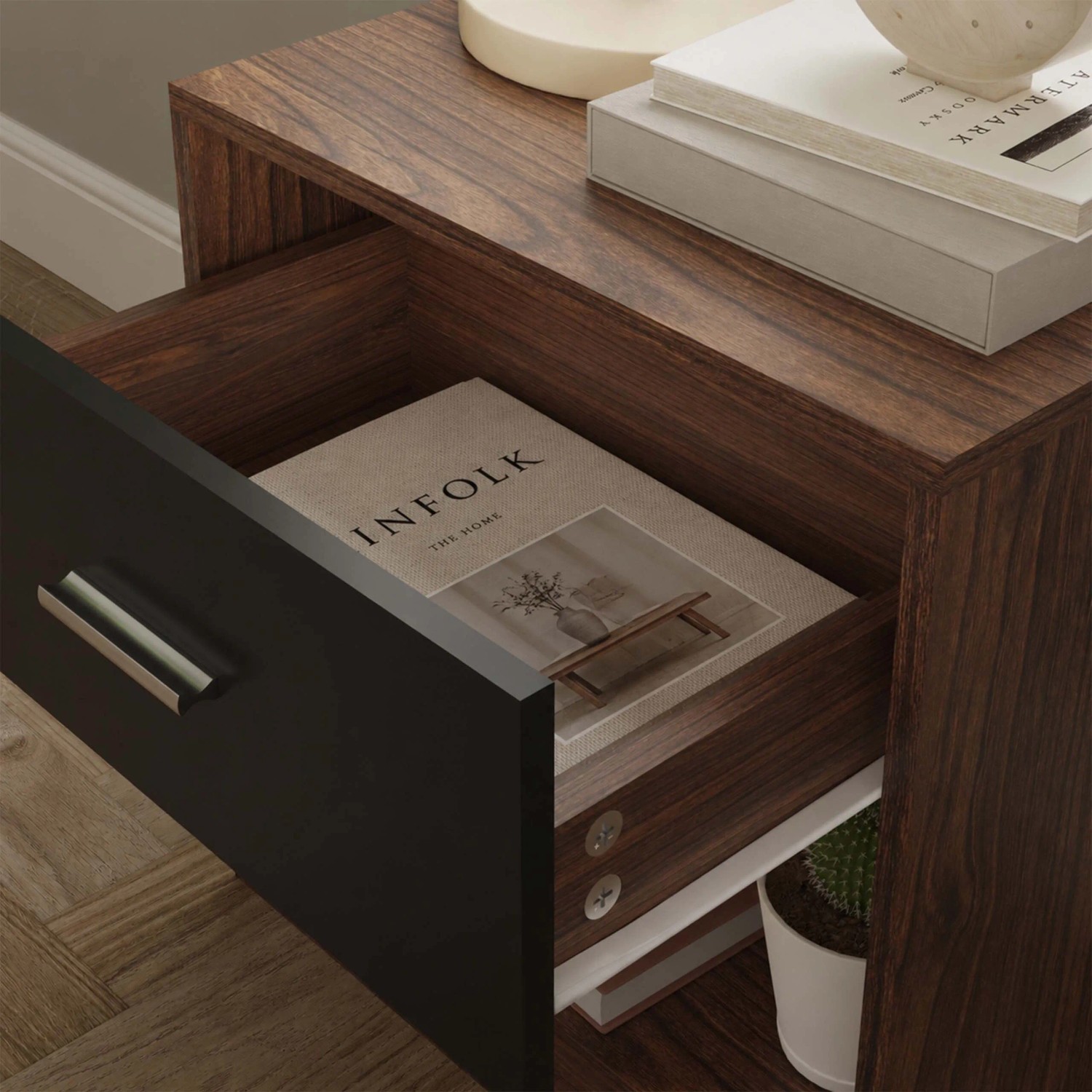 Relaxdays Nachttisch MDF braun-schwarz, offene Schublade mit Buch, Ablage mit Deko. Moderner Nachtschrank.