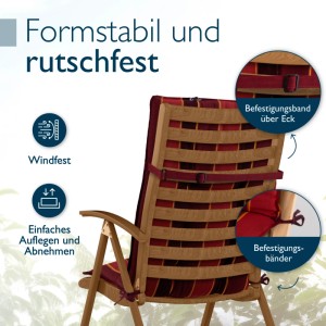 Beautissu Hochlehner Auflage rot-anthrazit-gestreift auf Gartenstuhl. Befestigungssystem mit Bändern für sicheren, rutschfesten Halt.