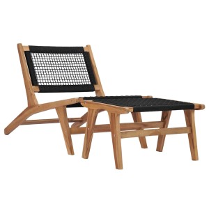 Sonnenliege mit Fußablage aus Teakholz und Seil, vidaXL. Gartenliege mit schwarzer Sitzfläche und Fußstütze.