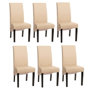 6er-Set Polsterstühle in Creme-Lederoptik mit dunklen Holzfüßen.
