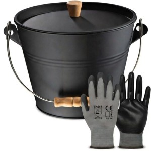 BLACK OAK Ascheeimer PAGO 5L mit Deckel, Holzknopf und Handschuhe für Kamin & Grill.
