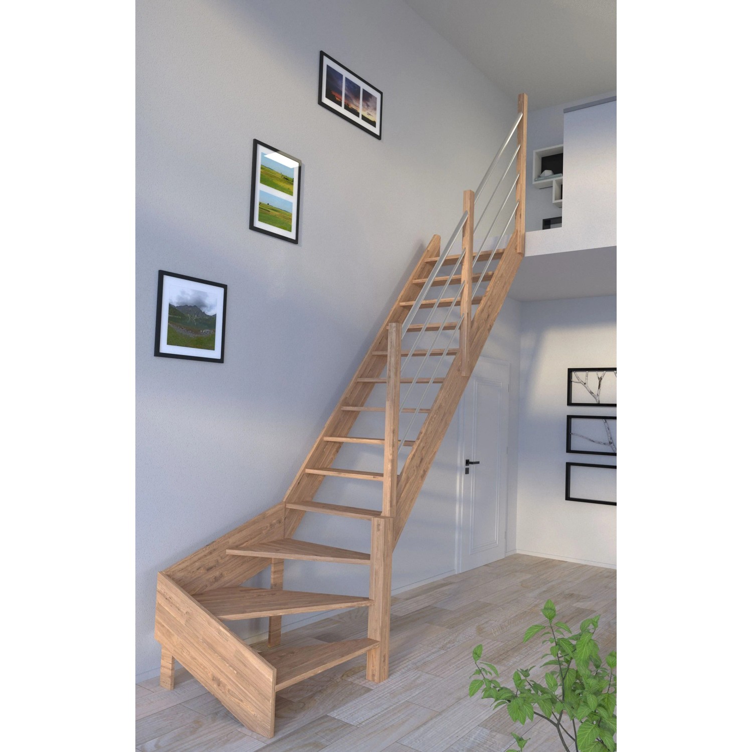 Gewendelte StarWood Treppe Rhodos aus Eiche mit Edelstahl-Geländer, unbehandeltes Holz, offene Bauweise.