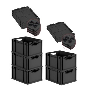 PROREGAL SparSet 5x Eurobox Nextgen Grip Mit Auflagedeckel Und Schwarzen Verschlüssen HxBxT 22x30x40cm 20 Liter Schwarz Griffe Offen