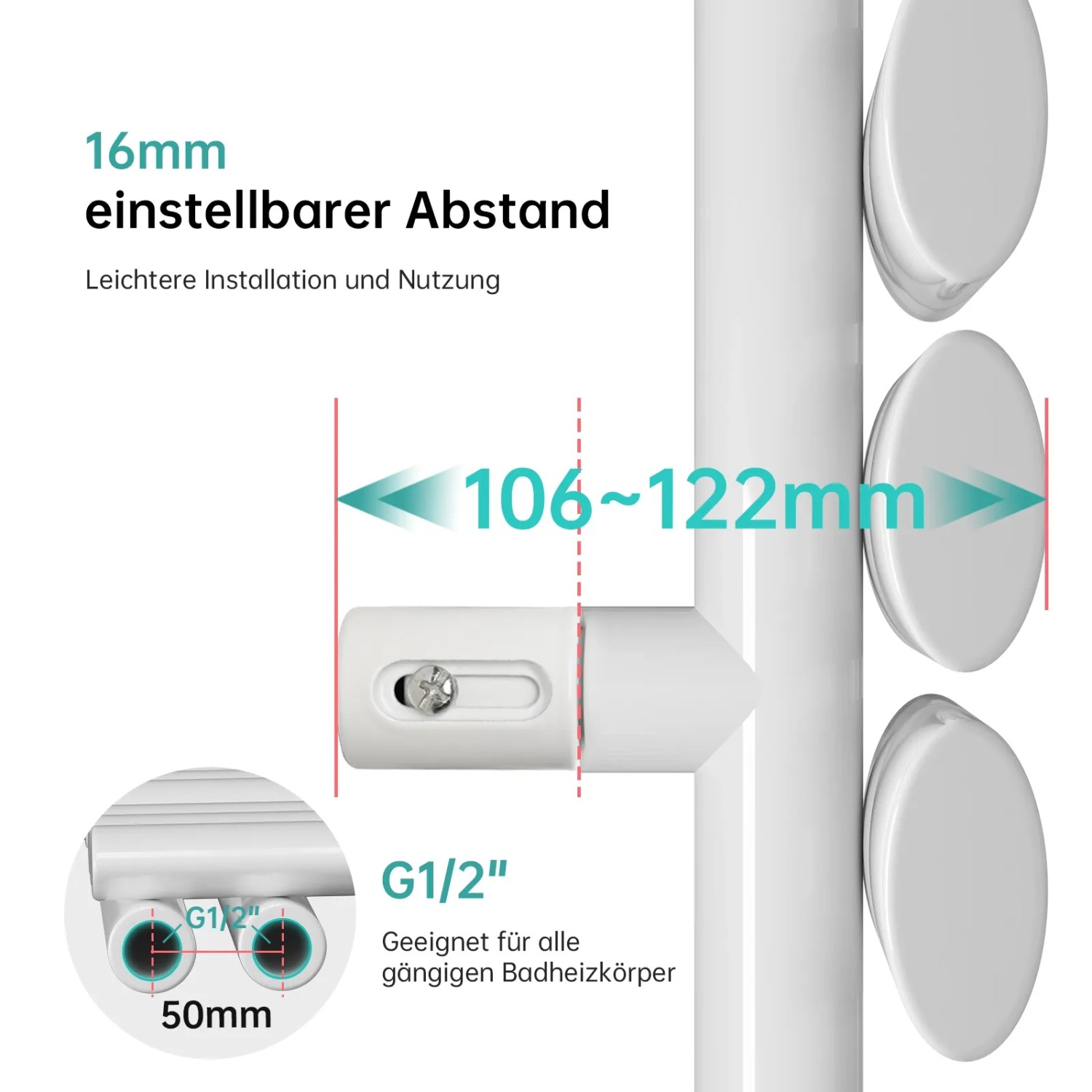 Detailaufnahme: Weißer Badheizkörper mit einstellbarem Abstand und Anschlussmaß für einfache Installation.