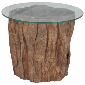 Brauner Couchtisch: Teakholz-Standfuß im Baumstamm-Stil, runde Glasplatte, 50x40 cm.