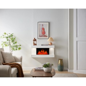Weißer BALDERIA ID-WE Elektrokamin mit 3D-Flammeneffekt und Heizung an der Wand.