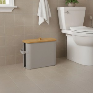Relaxdays Toilettenpapierbehälter Polyester Bambus Kunststoff Grau 12 Rollen mit Sichtfenster 33 cm x 45 cm x 16 cm 0,7 kg