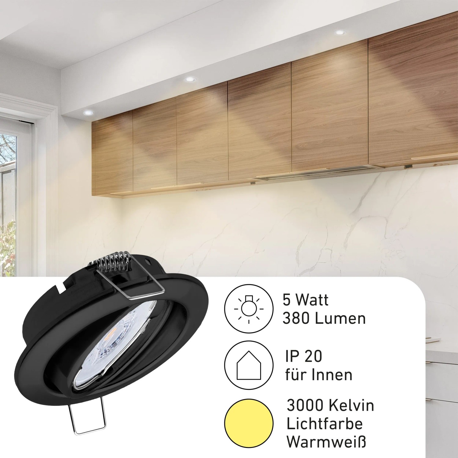 Oktaplex Dijon Einbaustrahler 9er Set, dimmbar, LED, 5W, schwarz. Deckenspots für warmweißes Licht.