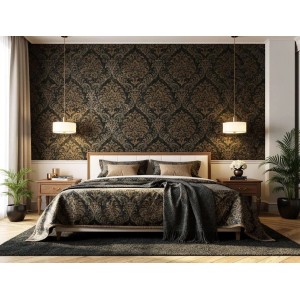 Schlafzimmer mit schwarzer Newroom Vliestapete Sullivan im Barock Vintage Stil.