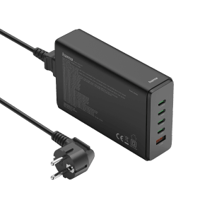 Schwarze Hama USB-Ladestation mit 5 Ports (4x USB-C, 1x USB-A) und Netzkabel.