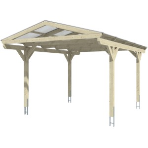 Skan Holz Carport Westerwald, schiefergrau, mit Doppelstegplatten und geraden Kopfbändern.