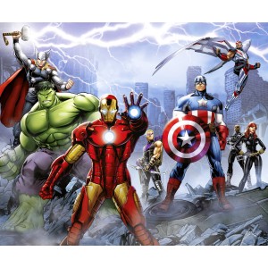Bunte Marvel Avengers Fototapete mit Iron Man, Hulk, Thor und Captain America.