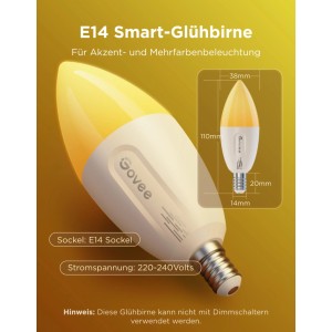 Govee E14 LED Lampe in Glühlampenform, 6500K, 450lm, 5W, 2er Set. Smarte, dimmbare Glühbirne für Akzentbeleuchtung.