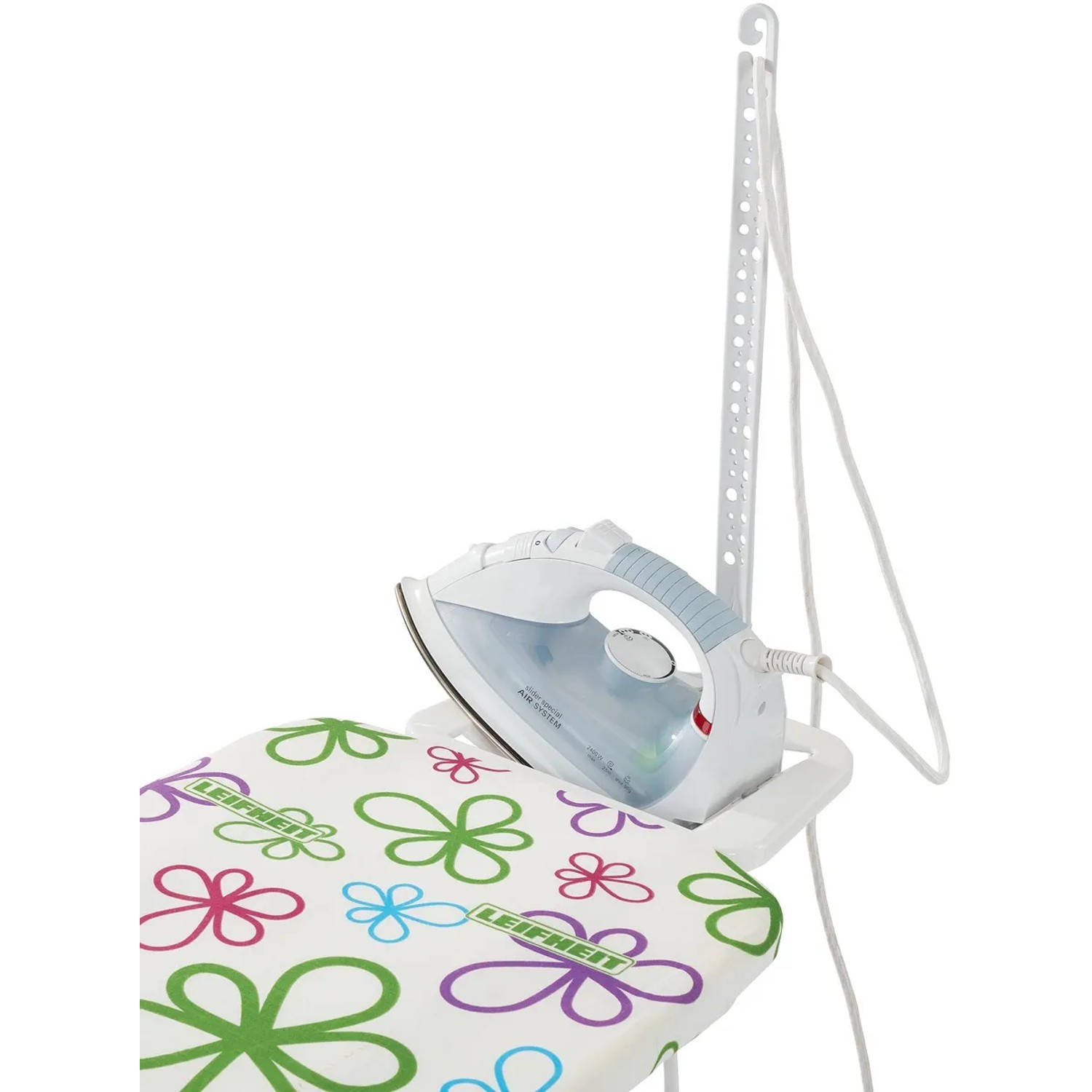 Leifheit Bügeltisch Fashion M Plus mit Blumenmuster, Bügeleisenablage und Kabelhalter.