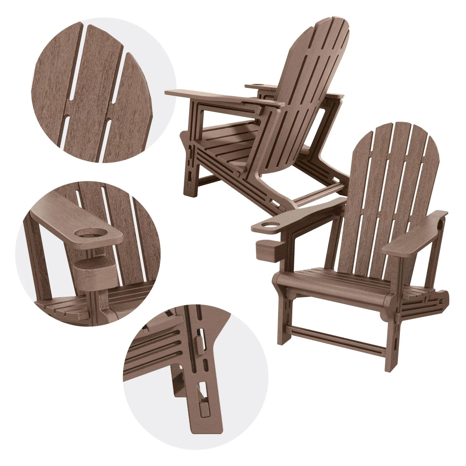 Brauner ML-Design Adirondack Stuhl aus Kunststoff mit Getränkehalter. Gartenstuhl im Holzdesign.