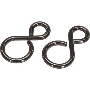 Zwei schwarze, eloxierte S-Haken (38 mm) zum Verbinden von Ketten, belastbar bis 5 kg.