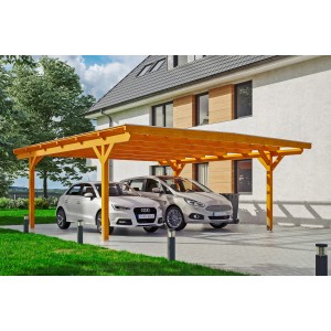 Skan Holz Carport Odenwald Eiche hell für zwei Autos, Holzkonstruktion mit Doppelstegplatten.
